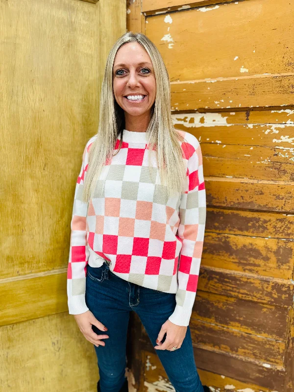 Coral Checkerboard Pullover Sweater Sabrina Neck Pullover