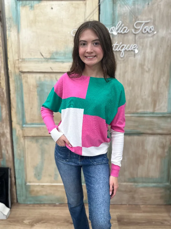 Kelly Green/Pink Color Block Boat Neck Pullover Top Oversized Cozy Pullover