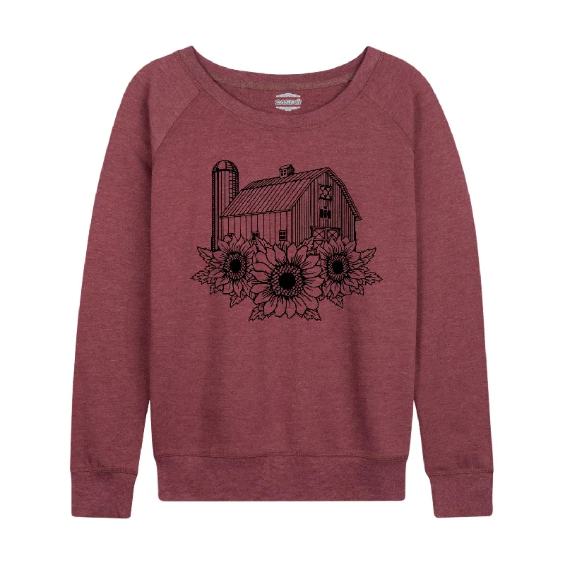 Barn with Sunflowers IH Womens French Terry Pullover Crew Neck Wool