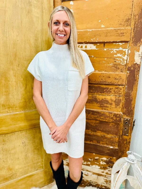 IVORY MOCK NECK SHORT SLEEVE SWEATER DRESS WITH POCKET Open Front Closed Front Wrap Front