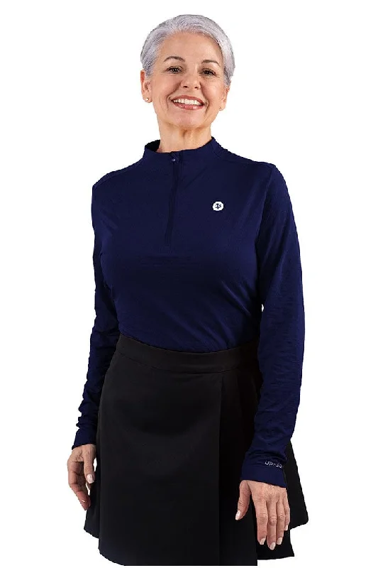 Women's Albatrose Golf Pullover | Navy Diamond Jacquard Ruffle Sleeve Feminine