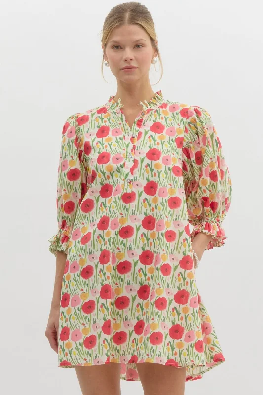Floral Print Elasticated ¾ Sleeve Pullover Mini Swing Dress Lantern Sleeve Elegant