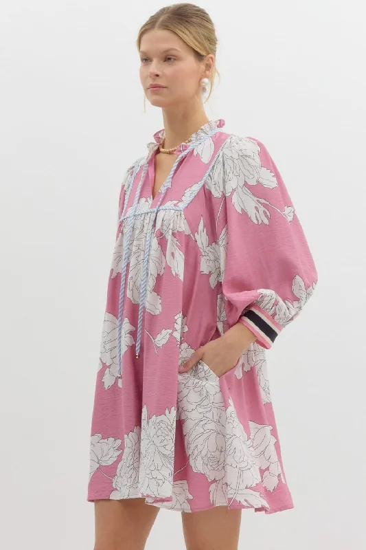 Pink Floral Print Pullover Mini Dress w/ Pockets Honey Neck Pullover
