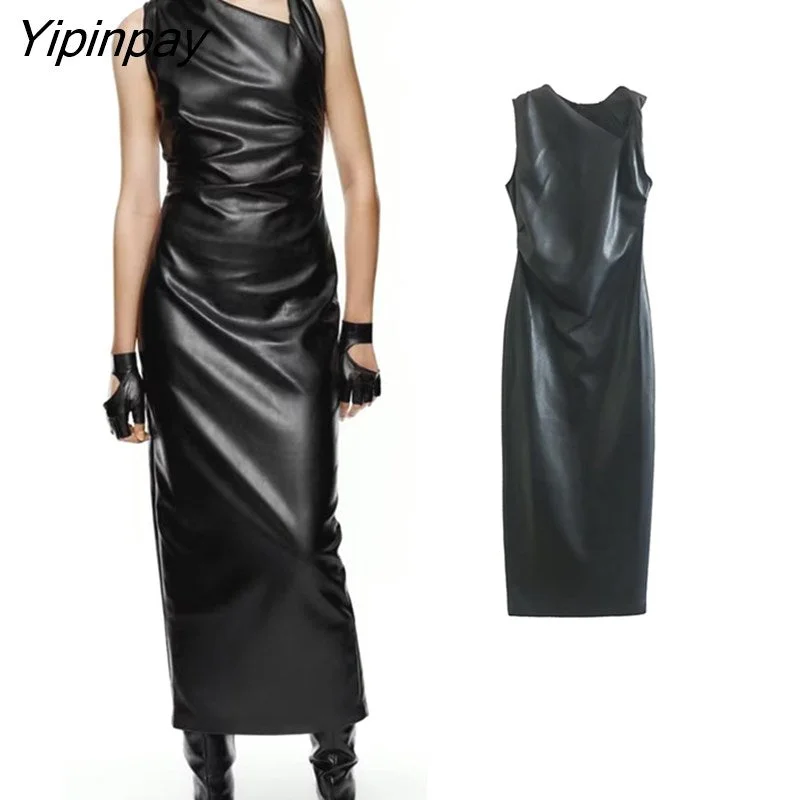 Yipinpay Elegant Women Faux-leather Dresses 2023 Autumn Fashion PU Solid Vestidos Asymmetrical Sleeveless Backless Pullover Dress Box Sleeve Comfort