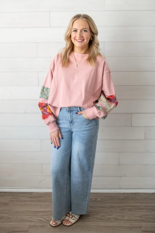 Easel Soft Washed Terry Knit Pullover-Dusty Rose One Shoulder Top