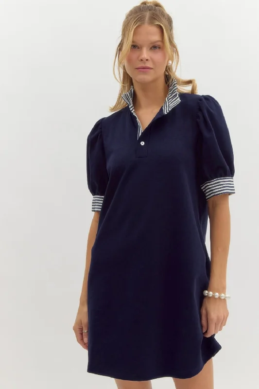 Solid Short Sleeve Pullover Polo Dress Gathered Sleeve Pullover