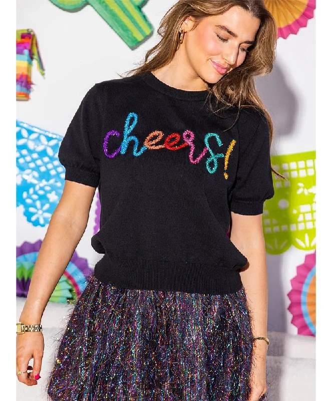 Queen of Sparkles - Multi Cheers Glitter Script SS Sweater Mesh Blend Leather Blend Suede Blend Queen of Sparkles - Multi Cheers Glitter Script SS Sweater Mesh Blend Leather Blend Suede Blend