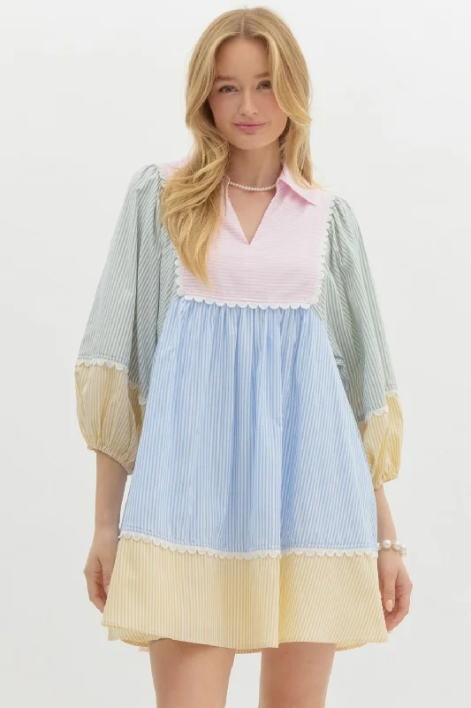 Striped Colorblock ¾ Lantern Sleeve Babydoll Pullover Mini Dress Leg Sleeve Comfort