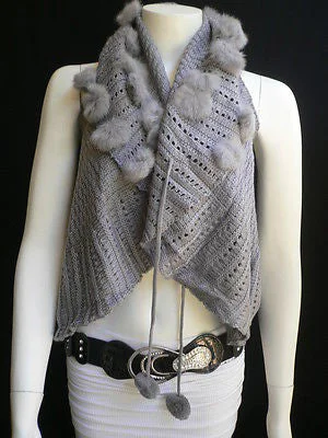 Gray Trendy Knit Shawl Warm Sexy Top Faux Fun Ball Sweater Sleeveless Size S-M-L Machine Wash Dry Clean Hand Wash