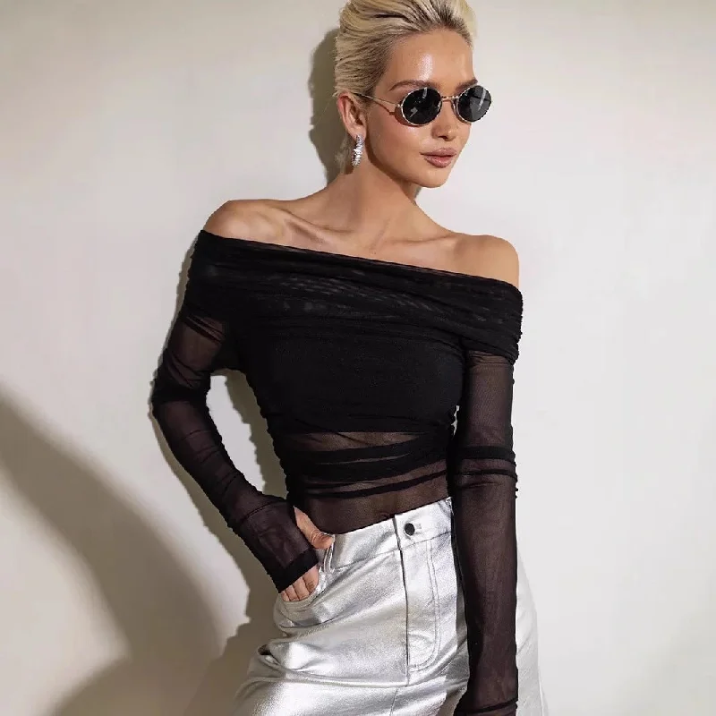 Women's Solid Color Slim-Fit Off-Neck Mesh Top – Street Fashion Long Sleeve Pullover Bateau Neck Pullover Women's Solid Color Slim-Fit Off-Neck Mesh Top – Street Fashion Long Sleeve Pullover Bateau Neck Pullover