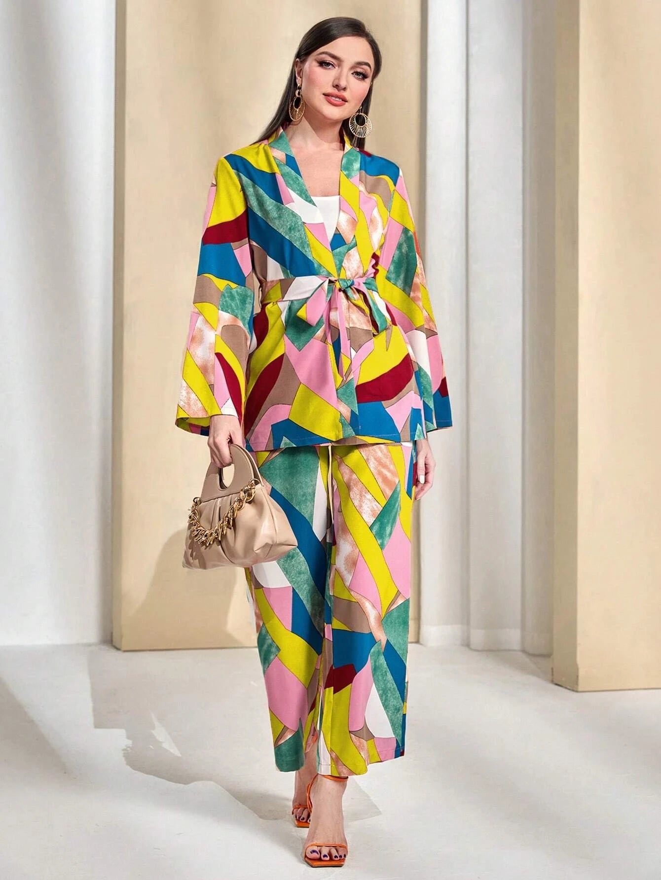 Modely Women's  Print Belted And Wide Leg Trousers Sets Trousers Floral Bohemian