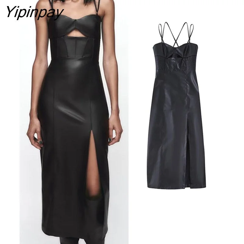 Yipinpay Elegant Autumn Women Faux-leather Dresses 2023 Fashion PU Solid Vestidos With Stitching Sleeveless Backless Pullover Dress Blouson Sleeve Pullover