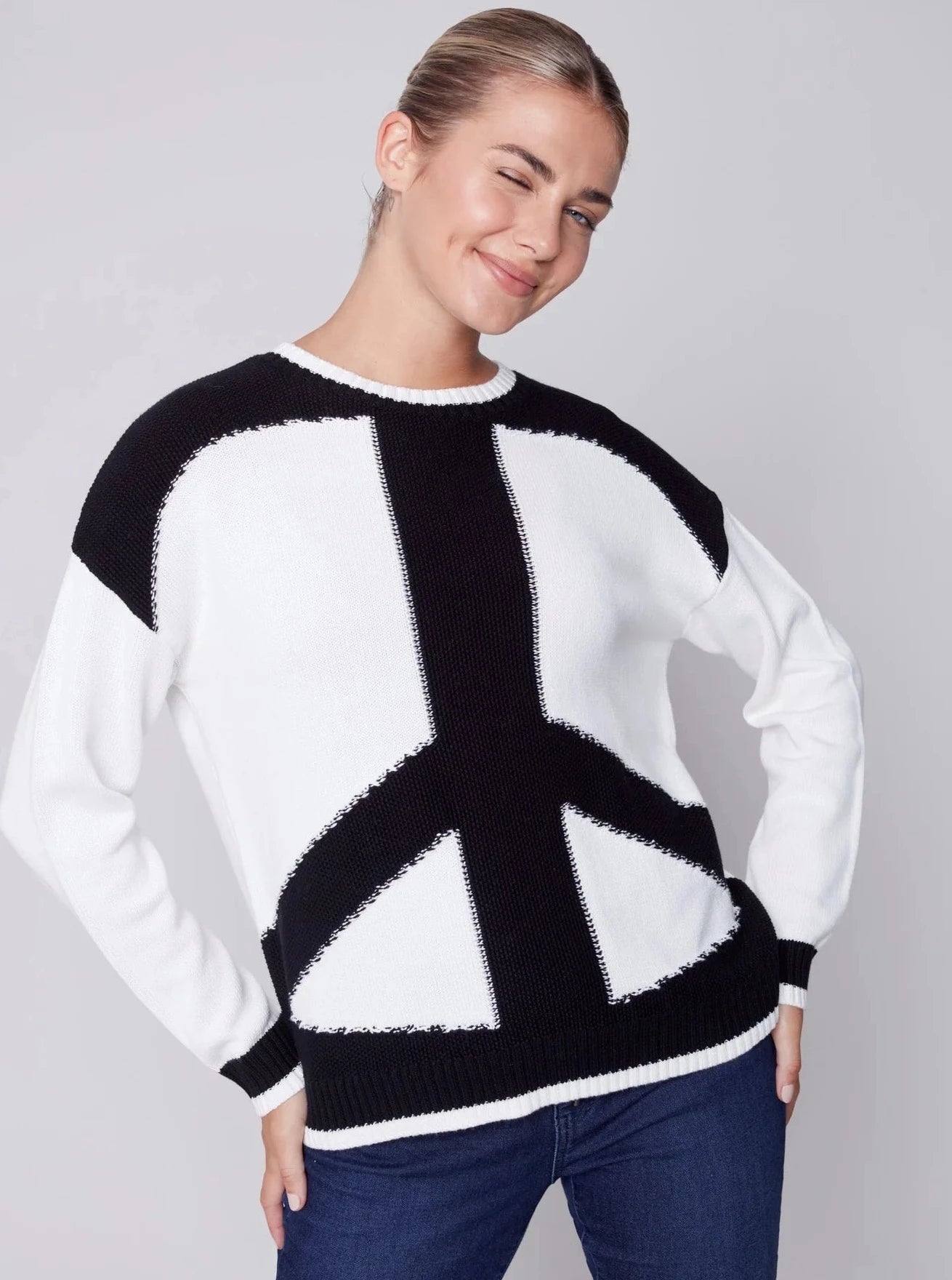 Crewneck Peace Sign Jacquard Sweater [Peace-C2564] Nylon Fabric Polyester Fabric Spandex Fabric