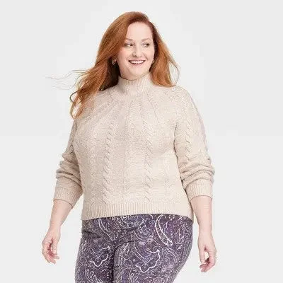 Knox Rose Women's Plus Pullover Cable Knit Mock Turtleneck Chunky Design Long Bell Sleeve
