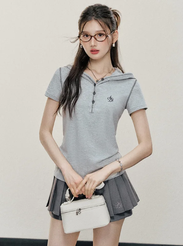 Ribbed Hooded Henley Tee - Short Sleeve Athletic Pullover Top Open Neck Pullover