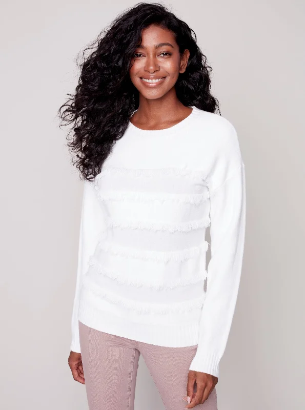 Crew Neck With Fringe Sweater [Cream-C2583] Knit Fabric Woven Fabric Fleece Fabric