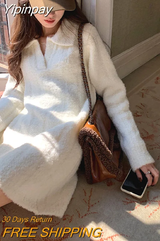 Yipinpay Autumn Knitted Y2k Mini Dress Elegant Sweater Woman Pure Color Korean Fashion Dress Casual Party Long Sleeve Dress Design Fitted Slim Tailored Yipinpay Autumn Knitted Y2k Mini Dress Elegant Sweater Woman Pure Color Korean Fashion Dress Casual Party Long Sleeve Dress Design Fitted Slim Tailored