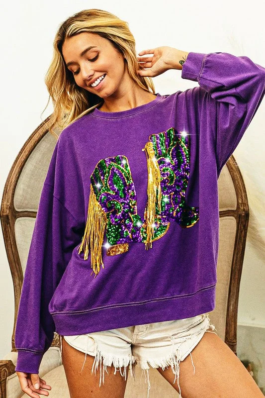 FRINGED MARDI GRAS BOOTS PULLOVER Gathered Sleeve Pullover