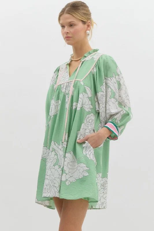 Mint Floral Print Pullover Mini Dress w/ Pockets High Neck Pullover