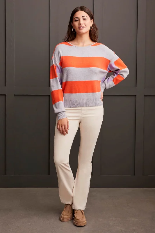 Long Sleeve Boat Neck Sweater [Hot Coral-1948O] Ribbed Striped Patterned