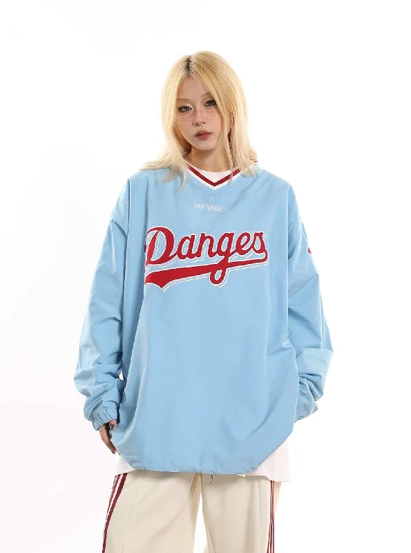 Danges Baseball Pullover Sweatshirt Asymmetrical Neck Pullover