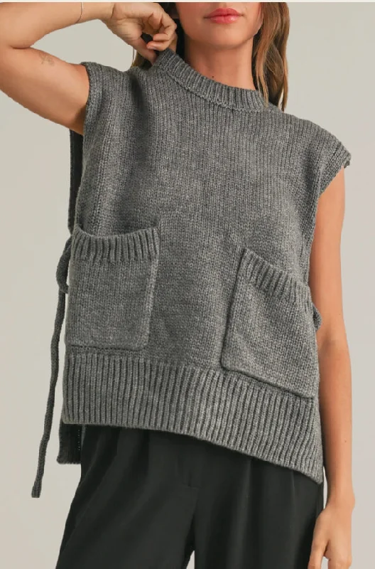 Pocket Detail Side Tie Sweater Vest Spandex Blend Rayon Blend Denim Blend