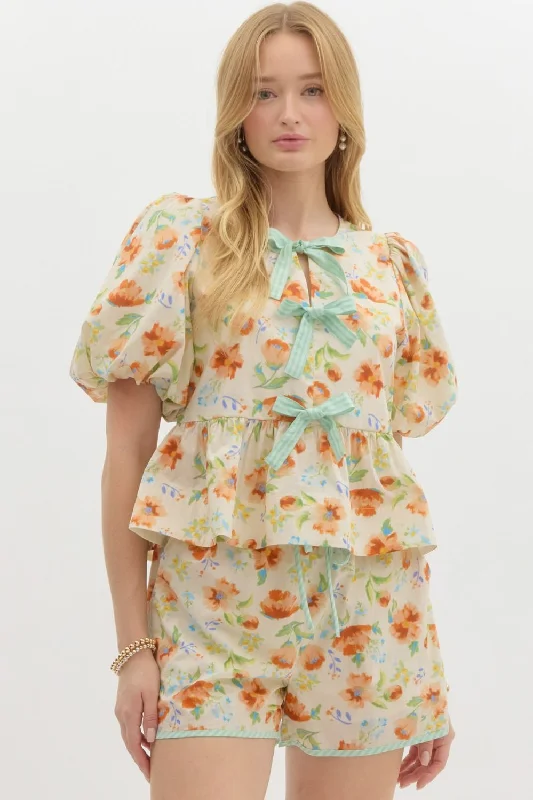 Floral Print Short Bubble Sleeve Pullover Babydoll Top Boyleg Sleeve Pullover
