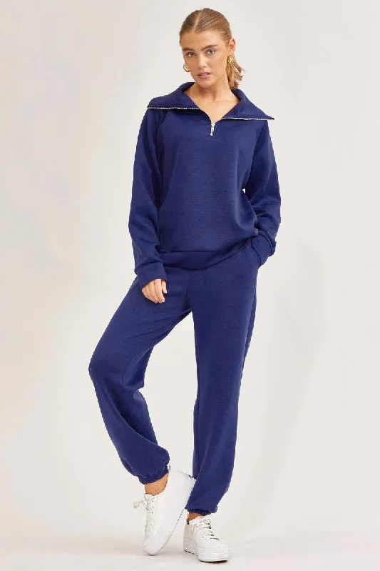 Navy Quarter Zip Pullover and Jogger Set with Pockets Scalloped Neck Pullover