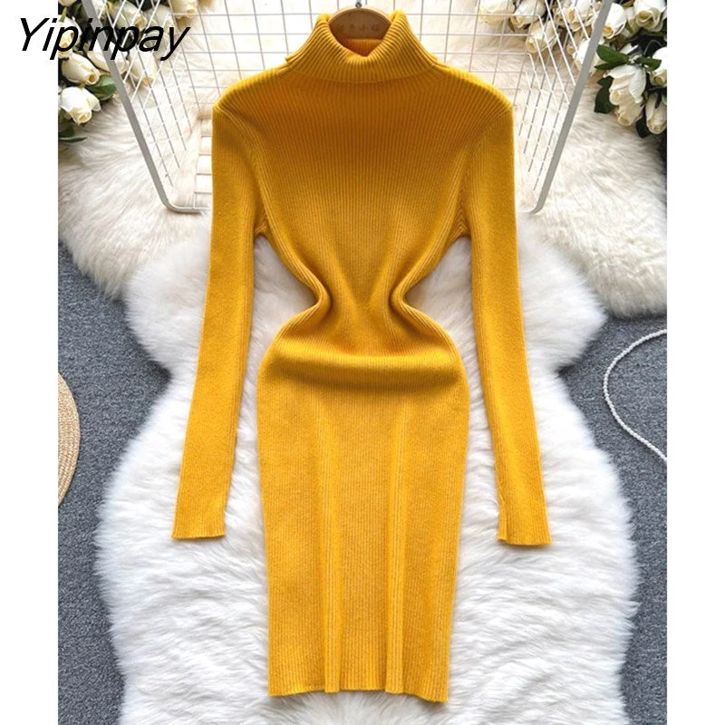 Yipinpay Full Sleeve Slim Knitted Pencil Dress Female Casual Pullover Turtleneck Sweater Bodycon Dress Ladies Autumn Winter Boyleg Sleeve Pullover