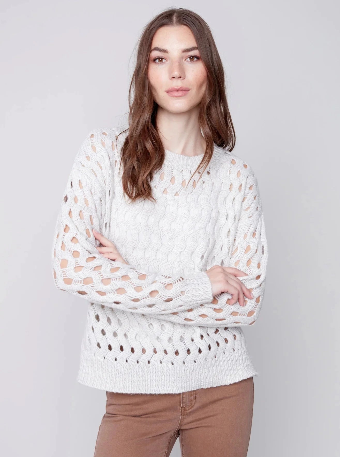 Crewneck Cable Knit Plushy Sweater [Almond-C2541] Satin Fabric Silk Fabric Chiffon Fabric