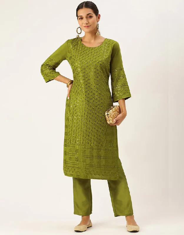 Modern Olive Chinon Silk Sequinned Kurta With Trousers Straight Design Pant Trousers Running Lightweight Modern Olive Chinon Silk Sequinned Kurta With Trousers Straight Design Pant Trousers Running Lightweight