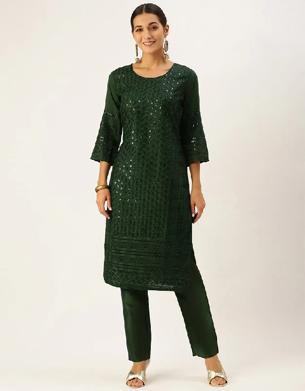 Elegant Rangoon Green Chinon Silk Sequinned Kurta With Trousers Straight Design Pant Trousers Leisure Comfortable Elegant Rangoon Green Chinon Silk Sequinned Kurta With Trousers Straight Design Pant Trousers Leisure Comfortable