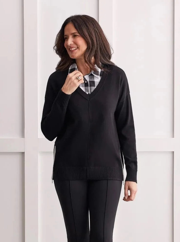 V-Neck Sweater W Zipper [Black-1495O] Bright Pastel Dark