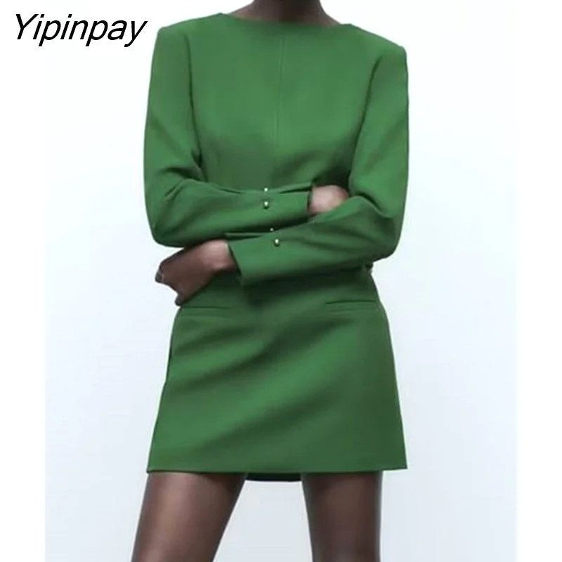 Yipinpay Elegant Autumn Women Mini Dresses 2023 Female Fashion O-neck Green Vestidos Long Sleeve Soft Pullovers Bell Sleeve Stylish