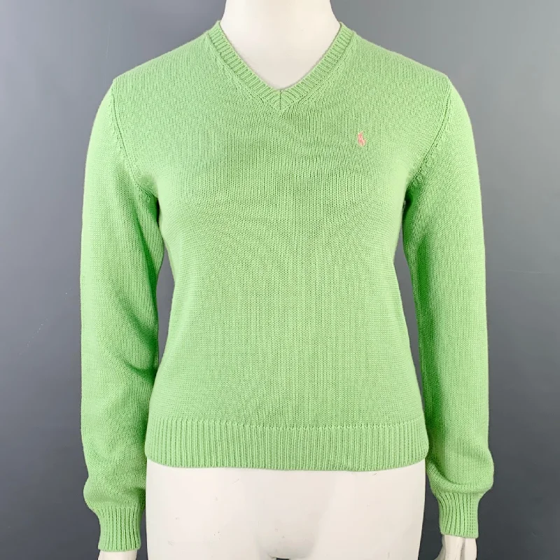 RALPH LAUREN Size L Green Cotton Knit V-Neck Sweater Fitted Loose Oversized