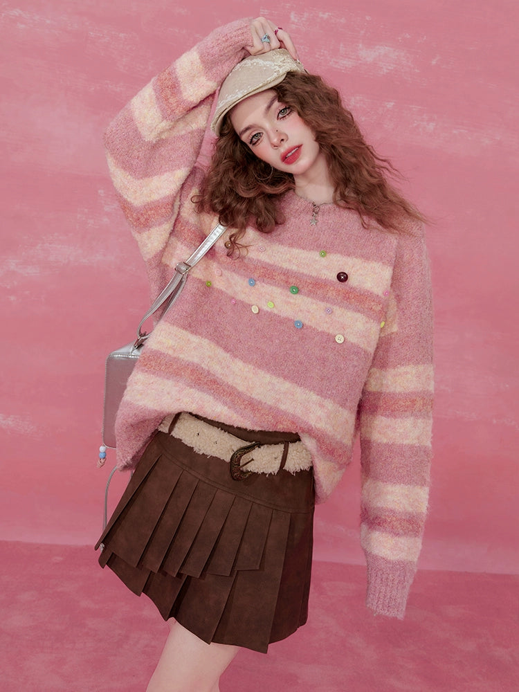 Pink Striped Mohair Sweater Beaded Sweater Sequined Faux Fur