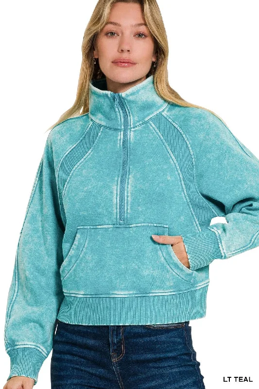 LT TEAL ACID WASHED HALF ZIP FLEECE PULLOVER Cable Knit Chunky