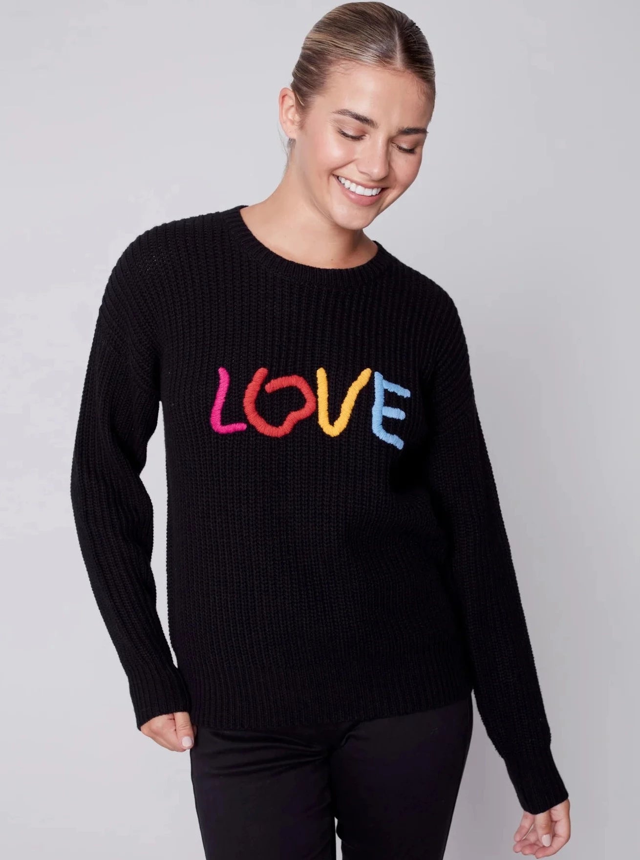Crewneck Drop Shoulder Love Sweater [Black-C2548] Wool Sweater Cotton Sweater Cashmere Sweater
