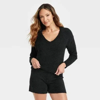 New - Women's Cozy Yarn Pullover Sweater - Stars Above Black M One Shoulder Top