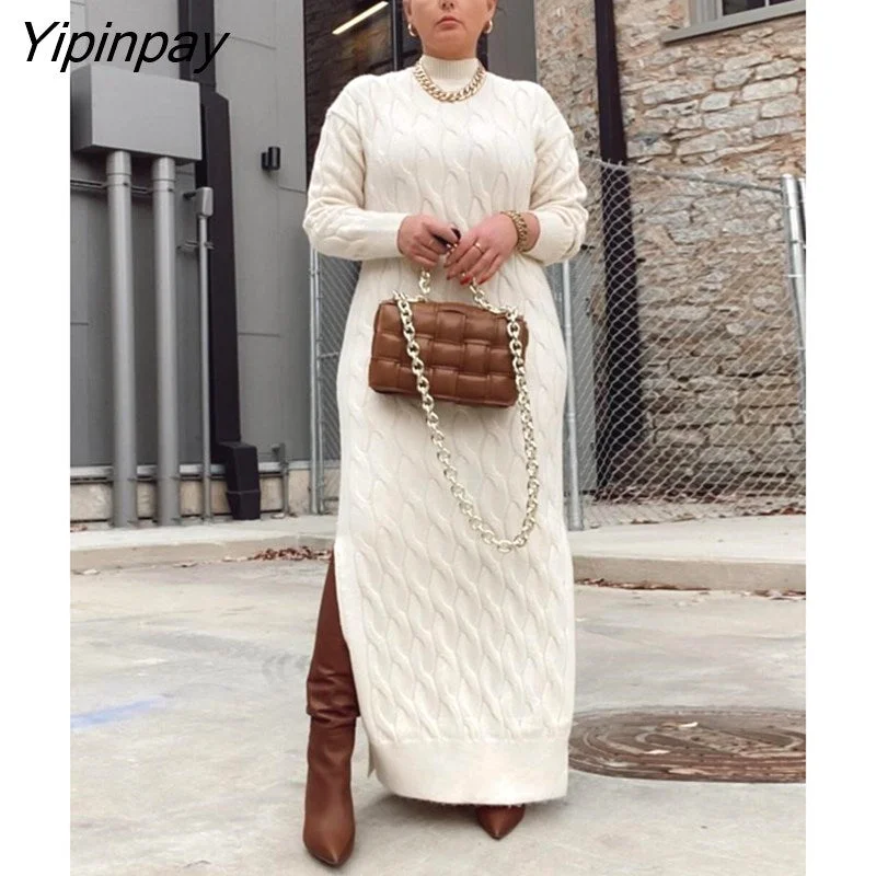 Yipinpay Women Thick Warm Side Slit Maxi Knit Dress Female Elegant Long Sleeve Turtleneck Sweater Dresses 2023 Spring Solid Ribbed Robe Seamless Knitted Crochet Yipinpay Women Thick Warm Side Slit Maxi Knit Dress Female Elegant Long Sleeve Turtleneck Sweater Dresses 2023 Spring Solid Ribbed Robe Seamless Knitted Crochet