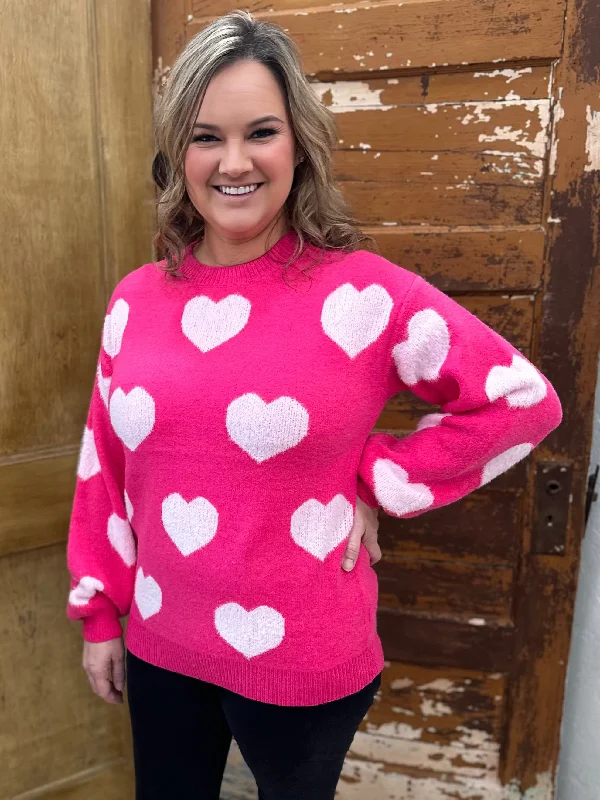 Fuzzy Hearts Drop Shoulder Sweater Mesh Fabric Canvas Fabric Denim Fabric