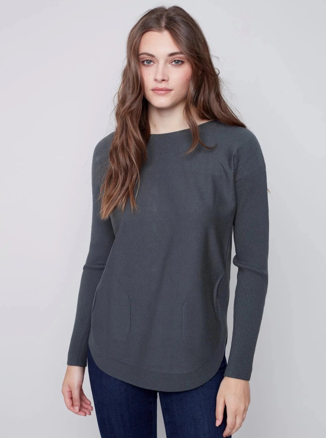 Long Sleeve Sweater With Black Eyelet Detail [Emerald-C2170Y] Mesh Sweater Canvas Denim
