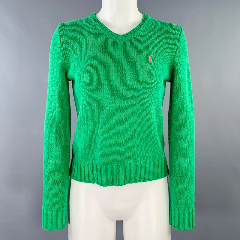 RALPH LAUREN Size S Green Cotton Knit V-Neck Sweater Tailored Straight A-Line