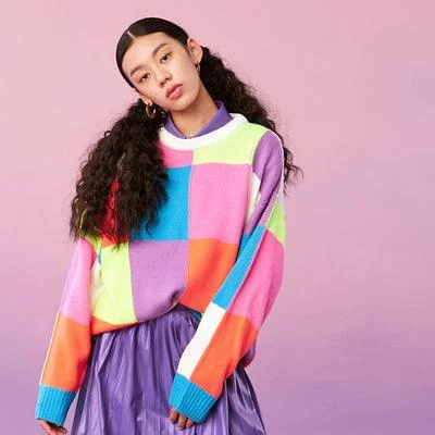 Colorful long pullover sweater Jewel Neck Pullover