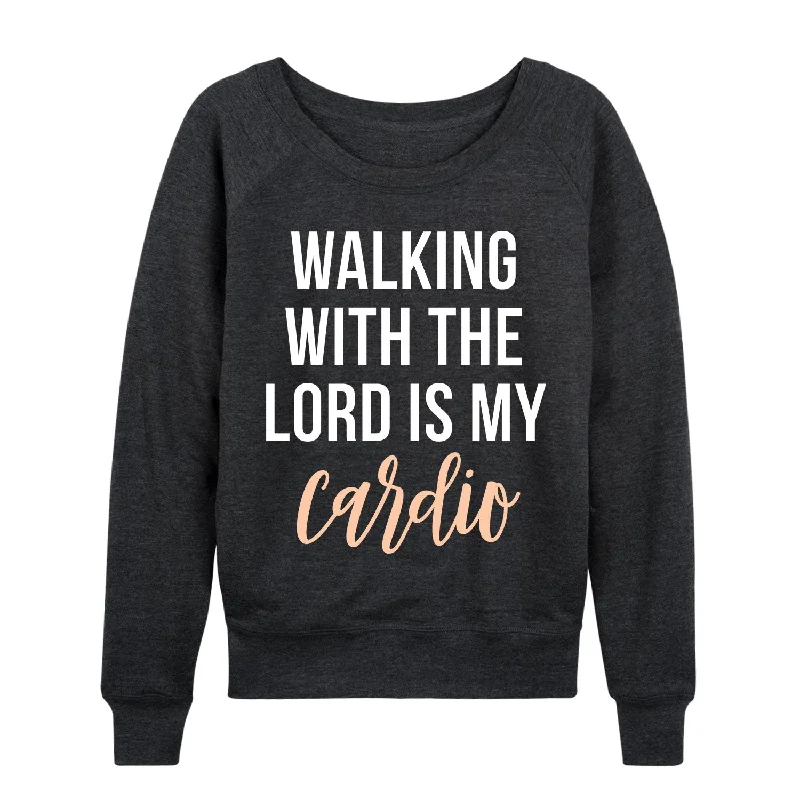 Walking With The Lord Is My Cardio - Womenss Womens French Terry Pullover Bardot Neck Top
