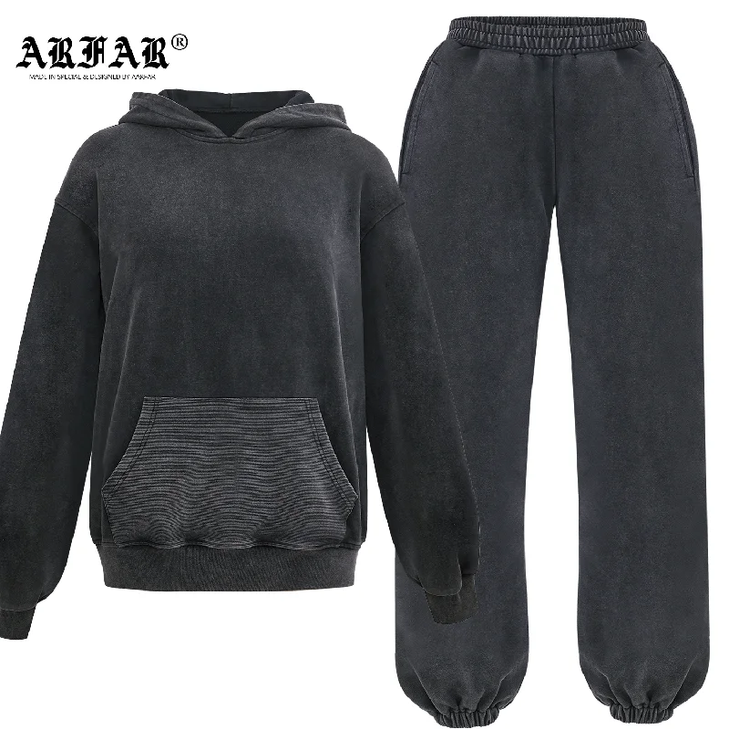100% Cotton Acid Washed Hooded Sweater And Jogger Pants Set For Women Turtle Neck Boat Neck Asymmetrical Neck