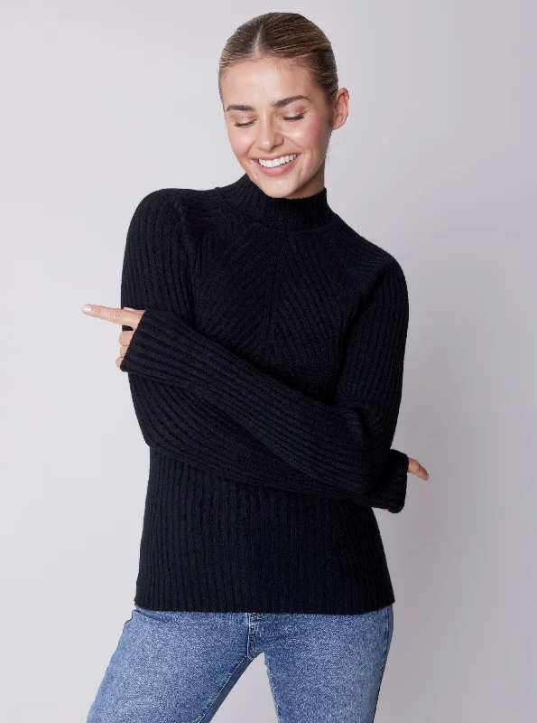 Mock Crew Neck Chest Sweater [Black-C2553] Front Pockets Side Pockets Patch Pockets