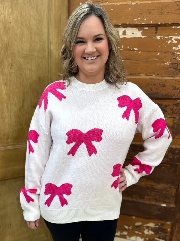 Pink Bow Pattern Crew Neck Long Sleeve Sweater Jersey Fabric Tulle Fabric Batik Fabric