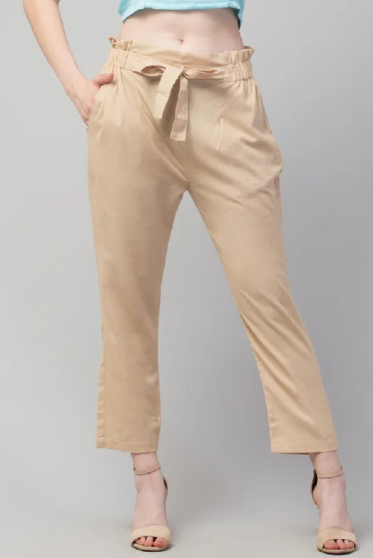 Women Cream Cotton Linen Ankle Length Trousers With Pocket and Belt Trousers practical durable