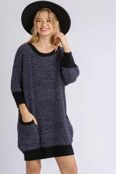 Umgee Full Size Ribbed Hem Round Neck 3/4 Sleeve Sweater Dress with Pockets Plus Size Ribbed Striped Patterned Umgee Full Size Ribbed Hem Round Neck 3/4 Sleeve Sweater Dress with Pockets Plus Size Ribbed Striped Patterned